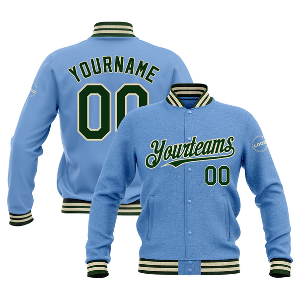 Custom Light Blue Green-Cream Classic Style Bomber Varsity Letterman Embroidered Jacket