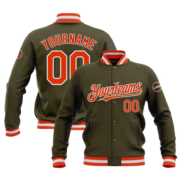 Custom Olive Orange-White Classic Style Bomber Varsity Letterman Embroidered Jacket
