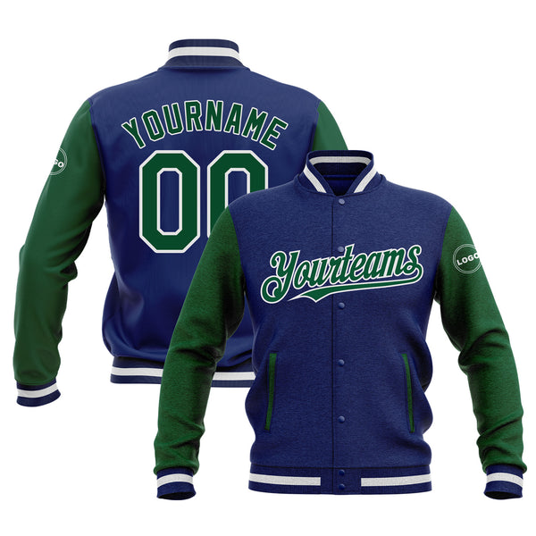 Custom Royal Kelly Green-White Two Tone Bomber Varsity Letterman Embroidered Jacket