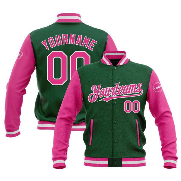 Custom Kelly Green Pink-White Classic Style Two Tone Bomber Varsity Letterman Embroidered Jacket