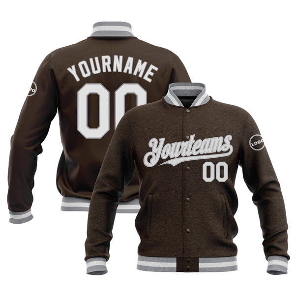 Custom Brown White-Gray Classic Style Full-Snap Bomber Varsity Letterman Embroidered Jacket