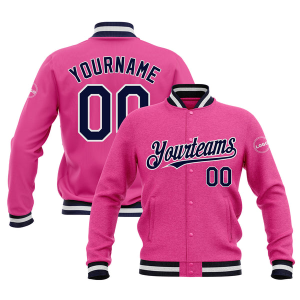Custom Pink Navy-White Classic Style Bomber Varsity Letterman Embroidered Jacket