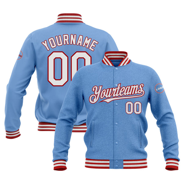 Custom Light Blue White-Red Classic Style Bomber Varsity Letterman Embroidered Jacket