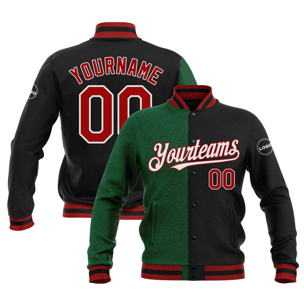 Custom Black Red-Kelly Green Classic Style Split Fashion Bomber Varsity Letterman Embroidered Jacket