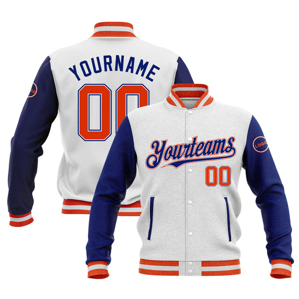 Custom White Orange-Royal Classic Style Two Tone Bomber Varsity Letterman Embroidered Jacket