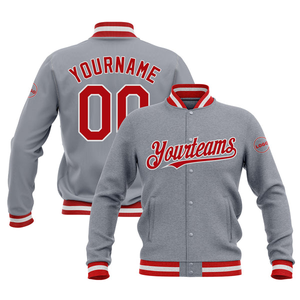Custom Gray Red-White Bomber Varsity Letterman Embroidered Jacket