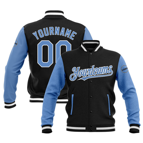 Custom Black Light Blue-White Two Tone Full-Snap Bomber Varsity Letterman Embroidered Jacket