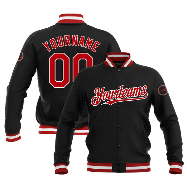 Custom Black Red-White Full-Snap Bomber Varsity Letterman Embroidered Jacket