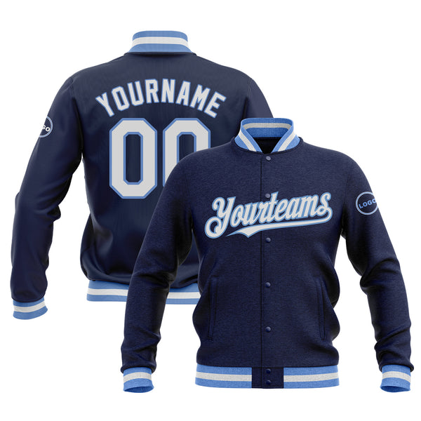 Custom Navy White-Light Blue Bomber Varsity Letterman Embroidered Jacket