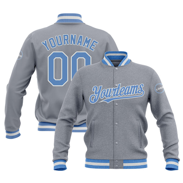 Custom Gray Light Blue-White Bomber Varsity Letterman Embroidered Jacket