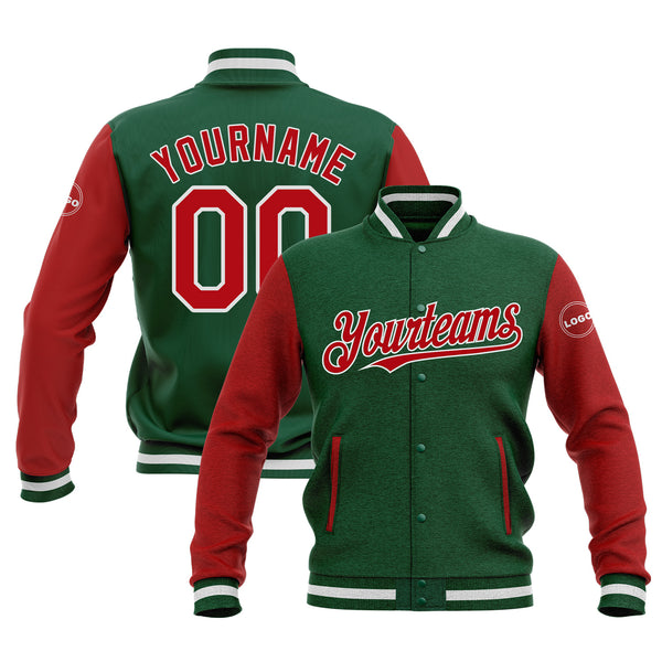 Custom Kelly Green Red-White Two Tone Bomber Varsity Letterman Embroidered Jacket