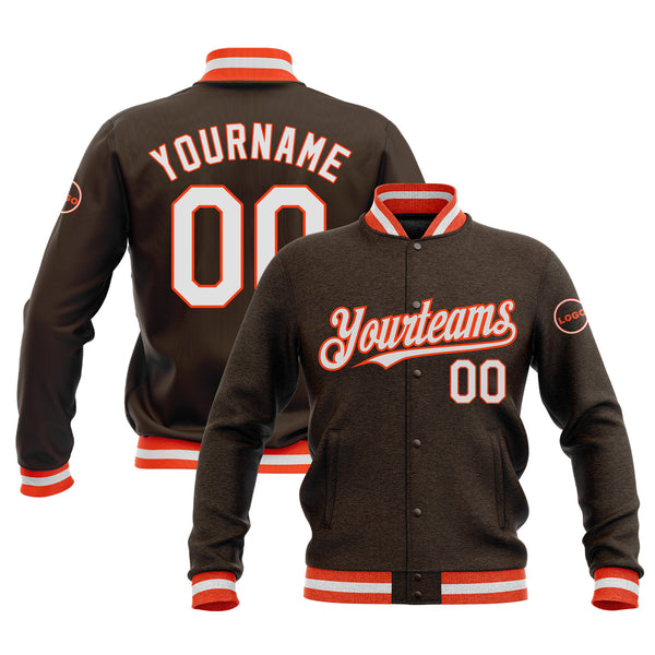 Custom Brown White-Orange Classic Style Full-Snap Bomber Varsity Letterman Embroidered Jacket