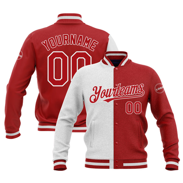 Custom White Red Classic Style Split Fashion Bomber Varsity Letterman Embroidered Jacket