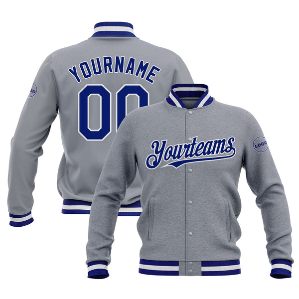 Custom Gray Royal-White Bomber Varsity Letterman Embroidered Jacket