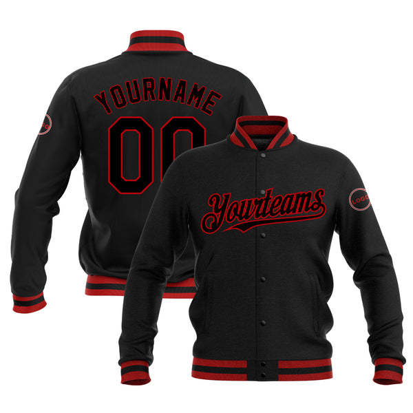 Custom Black Black-Red Full-Snap Bomber Varsity Letterman Embroidered Jacket