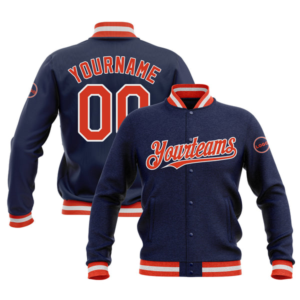Custom Navy Orange-White Bomber Varsity Letterman Embroidered Jacket