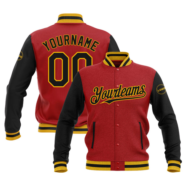 Custom Red Black-Gold Two Tone Bomber Varsity Letterman Embroidered Jacket