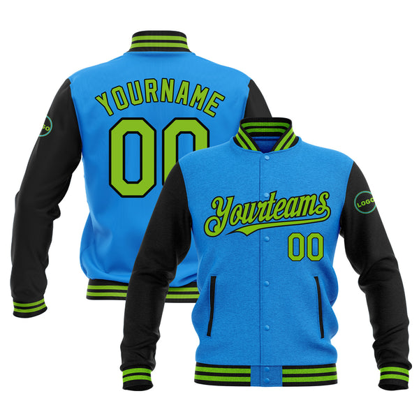 Custom Powder Blue Neon Green-Black Classic Style Two Tone Bomber Varsity Letterman Embroidered Jacket