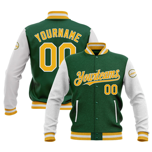 Custom Kelly Green Gold-White White Classic Style Two Tone Bomber Varsity Letterman Embroidered Jacket