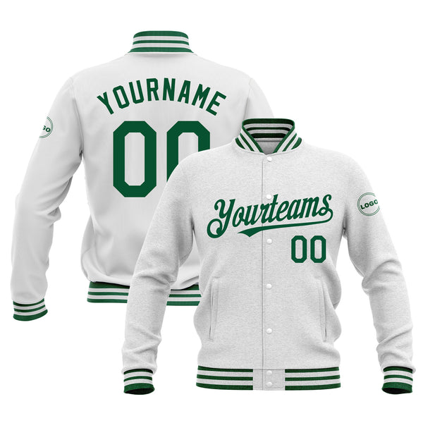 Custom White Kelly Green Classic Style Bomber Varsity Letterman Embroidered Jacket