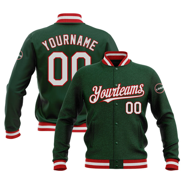 Custom Green White-Red Classic Style Full-Snap Bomber Varsity Letterman Embroidered Jacket