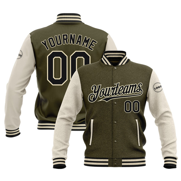 Custom Olive Black-Cream Classic Style Two Tone Bomber Varsity Letterman Embroidered Jacket