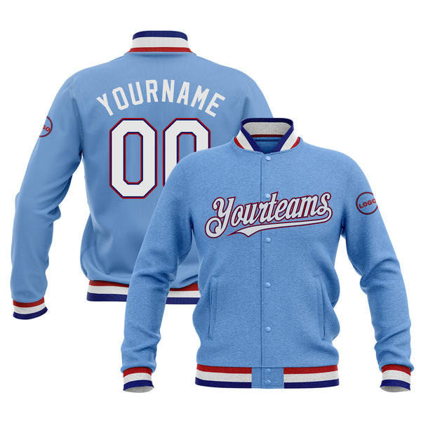 Custom Light Blue White Royal-Red Bomber Varsity Letterman Embroidered Jacket