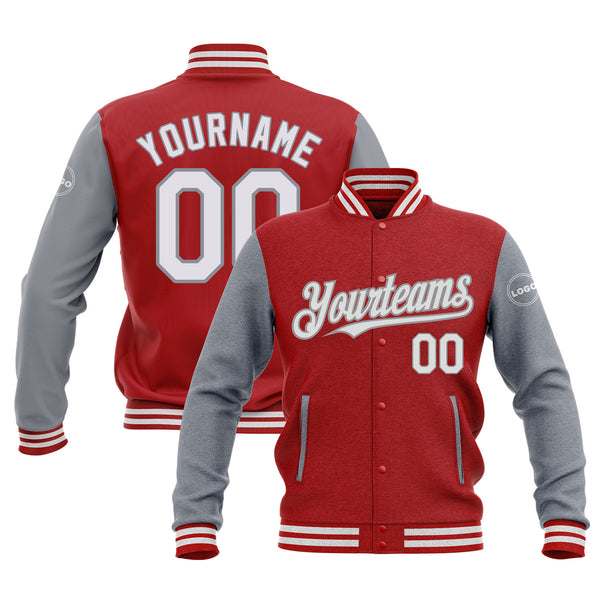 Custom Red White-Gray Classic Style Two Tone Bomber Varsity Letterman Embroidered Jacket