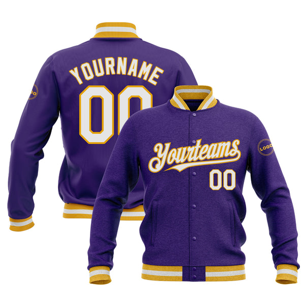 Custom Purple White-Gold Classic Style Bomber Varsity Letterman Embroidered Jacket