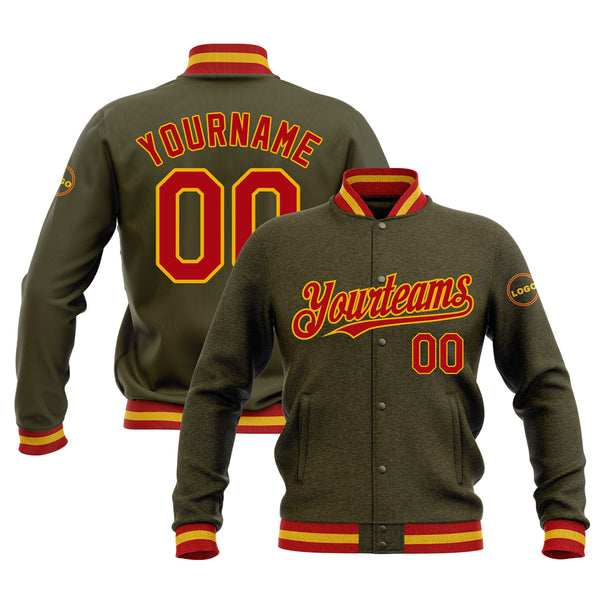 Custom Olive Red-Gold Classic Style Bomber Varsity Letterman Embroidered Jacket