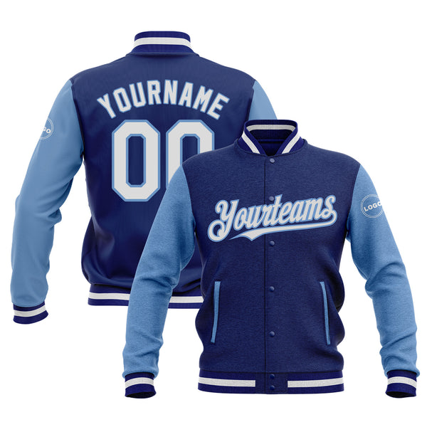 Custom Royal White-Light Blue Two Tone Bomber Varsity Letterman Embroidered Jacket