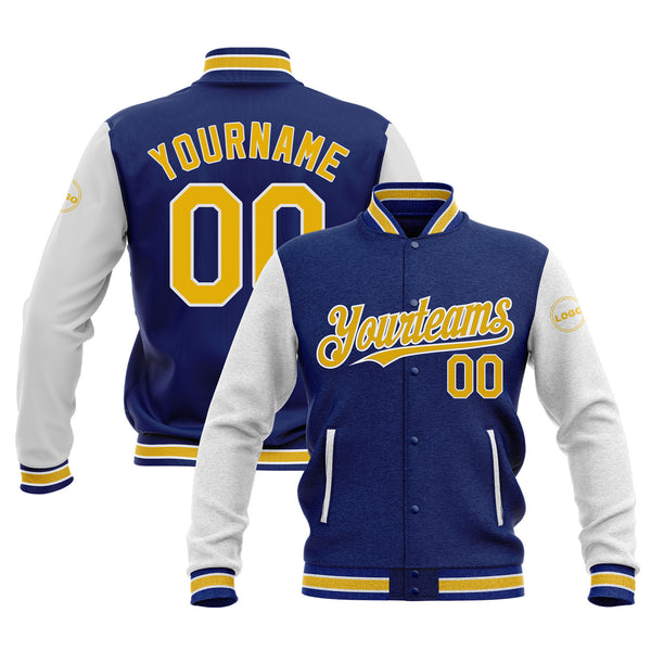 Custom Royal Yellow-White Classic Style Two Tone Bomber Varsity Letterman Embroidered Jacket