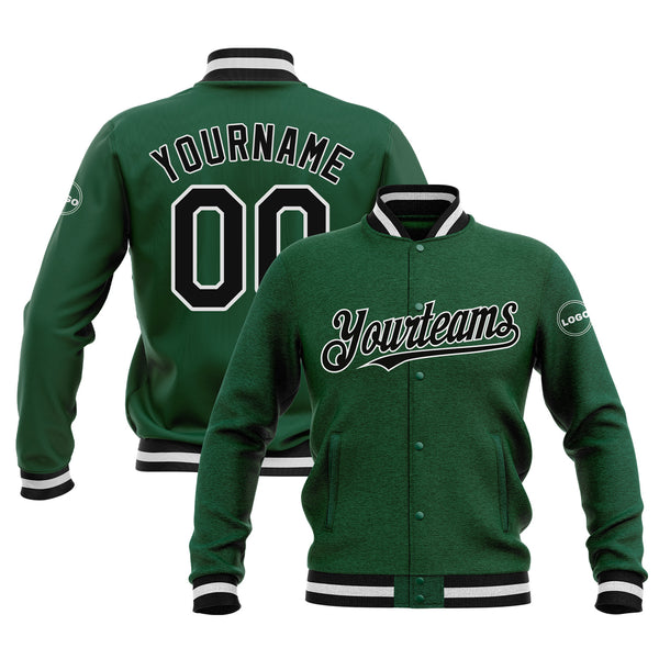 Custom Kelly Green Black-White Bomber Varsity Letterman Embroidered Jacket