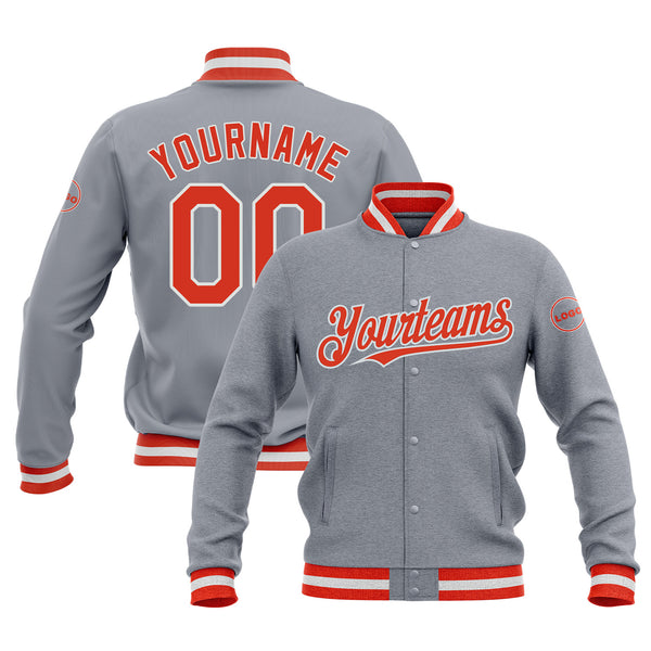 Custom Gray Orange-White Bomber Varsity Letterman Embroidered Jacket
