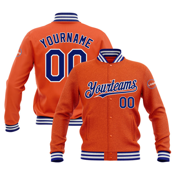 Custom Orange Royal-White Classic Style Bomber Varsity Letterman Embroidered Jacket