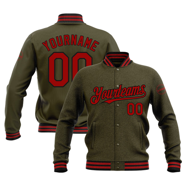 Custom Olive Red-Black Classic Style Bomber Varsity Letterman Embroidered Jacket