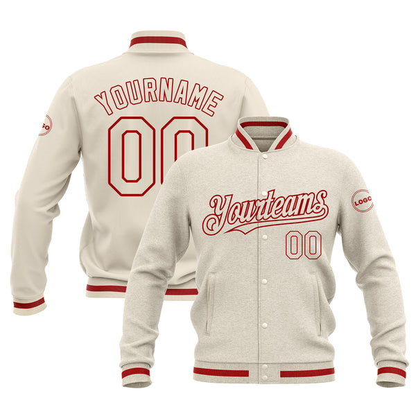 Custom Cream Cream-Red Classic Style Full-Snap Bomber Varsity Letterman Embroidered Jacket
