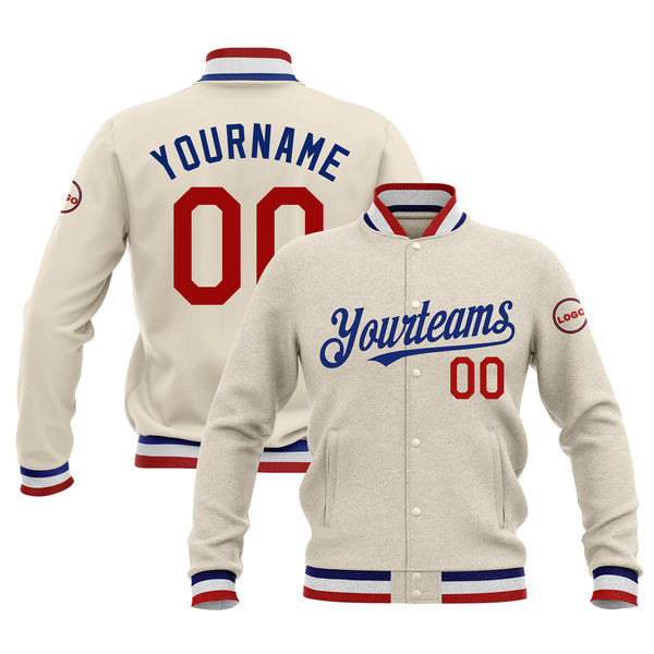 Custom Cream Red-Royal Classic Style Full-Snap Bomber Varsity Letterman Embroidered Jacket