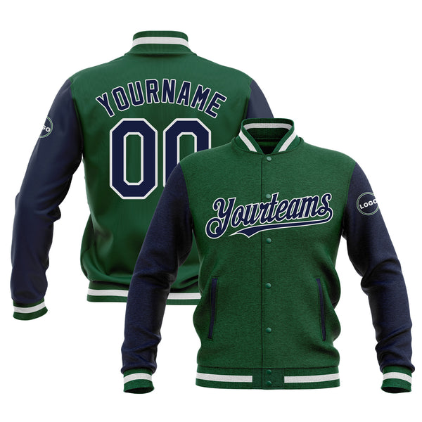 Custom Kelly Green Navy-White Two Tone Bomber Varsity Letterman Embroidered Jacket