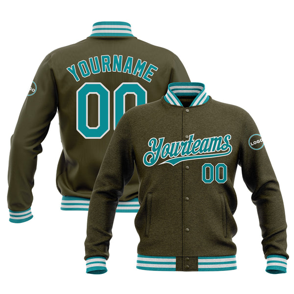 Custom Olive Teal-White Classic Style Bomber Varsity Letterman Embroidered Jacket