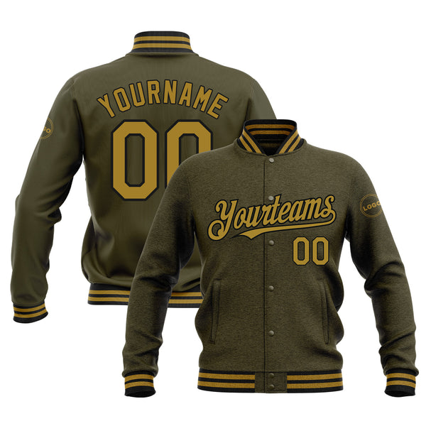 Custom Olive Old Gold-Black Classic Style Bomber Varsity Letterman Embroidered Jacket