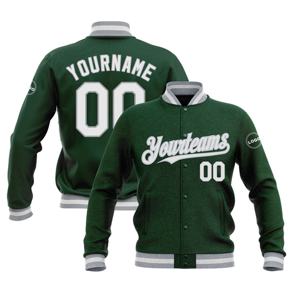 Custom Green White-Gray Classic Style Full-Snap Bomber Varsity Letterman Embroidered Jacket