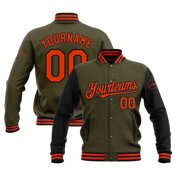 Custom Olive Orange-Black Classic Style Two Tone Bomber Varsity Letterman Embroidered Jacket