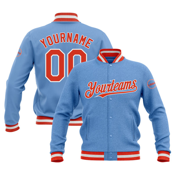 Custom Light Blue Orange-White Bomber Varsity Letterman Embroidered Jacket