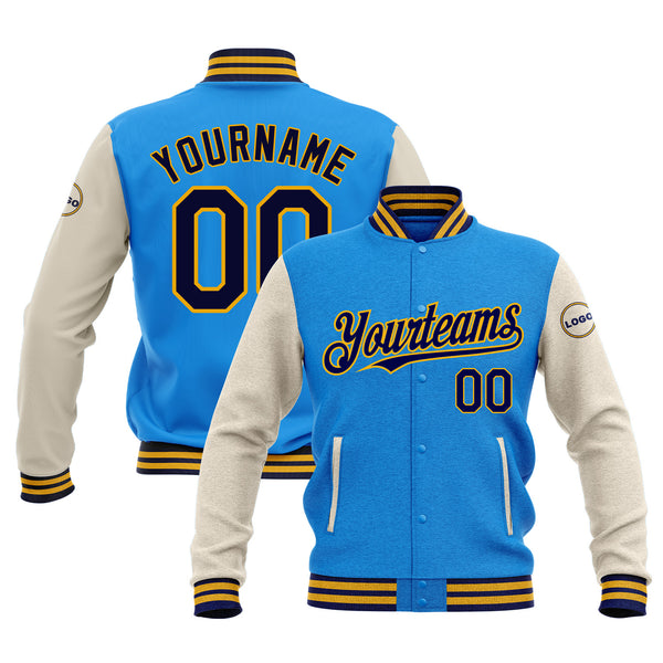 Custom Powder Blue Navy Cream-Gold Classic Style Two Tone Bomber Varsity Letterman Embroidered Jacket