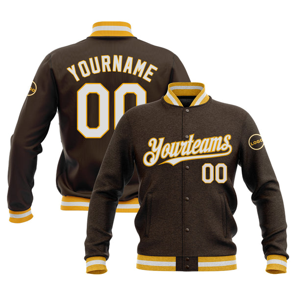 Custom Brown White-Gold Classic Style Full-Snap Bomber Varsity Letterman Embroidered Jacket