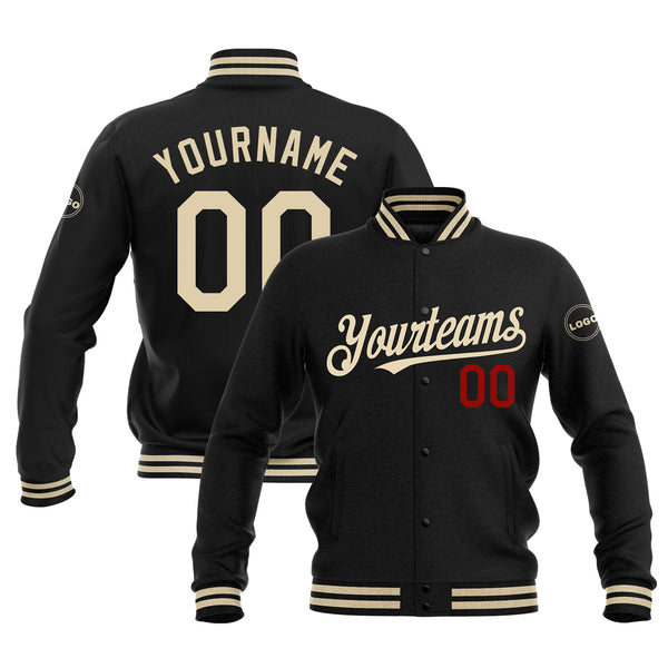 Custom Black Cream-Red Classic Style Full-Snap Bomber Varsity Letterman Embroidered Jacket