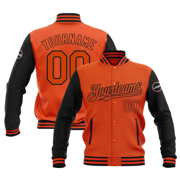 Custom Orange Black  Classic Style Two Tone Bomber Varsity Letterman Embroidered Jacket