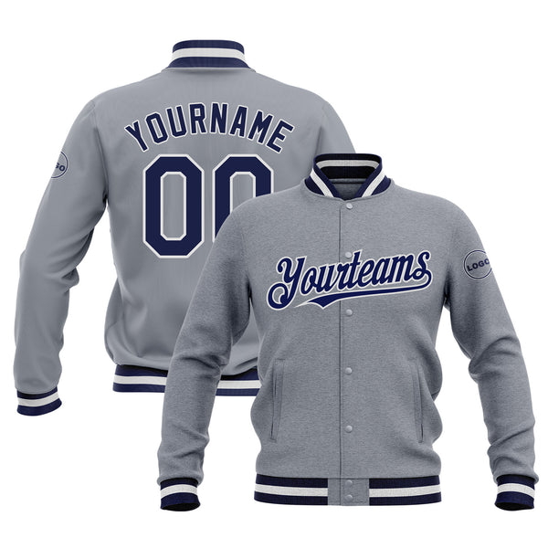 Custom Gray Navy-White Full-Snap Bomber Varsity Letterman Embroidered Jacket