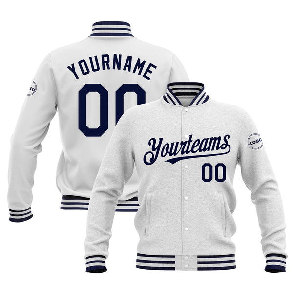 Custom White Navy Classic Style Bomber Varsity Letterman Embroidered Jacket
